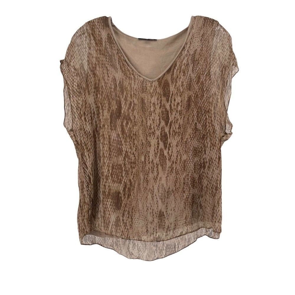 DREW Silk Blouse Brown Python Print Flutter Sleeve V Neck Size S Classic Shirt